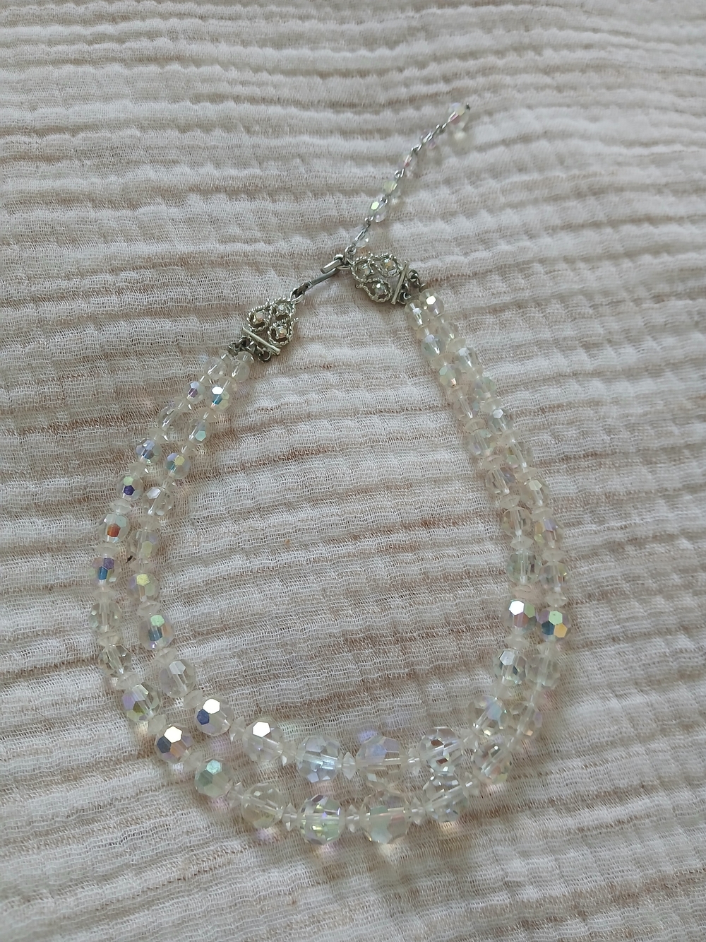 Vintage Signed Coro Double Strand Aurora Borealis Crystal Bead Necklace 1950s